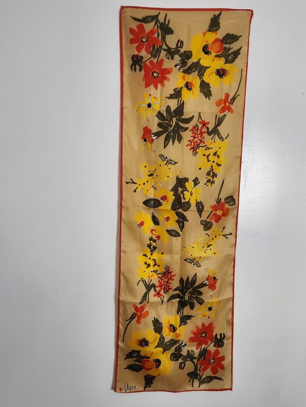 Vintage Vera Neumann Ladybug Silk Scarf 43" Oblong Yellow Orange Floral Mod 70s
